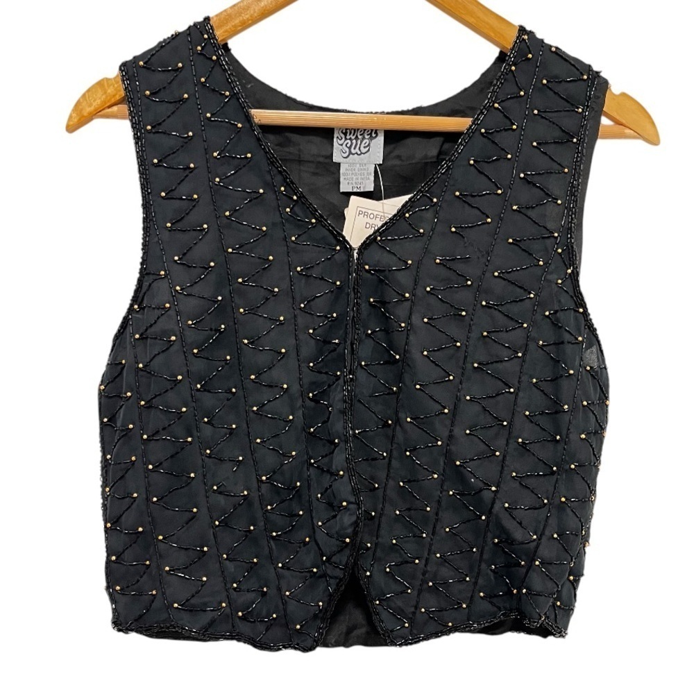 SWEET SUE Vintage 90s 100% Silk Black & Gold Beaded Vest Size Medium Petite